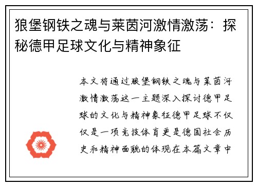 狼堡钢铁之魂与莱茵河激情激荡：探秘德甲足球文化与精神象征